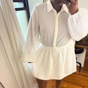 White knit ballon sleeve drawstring waist mini dress